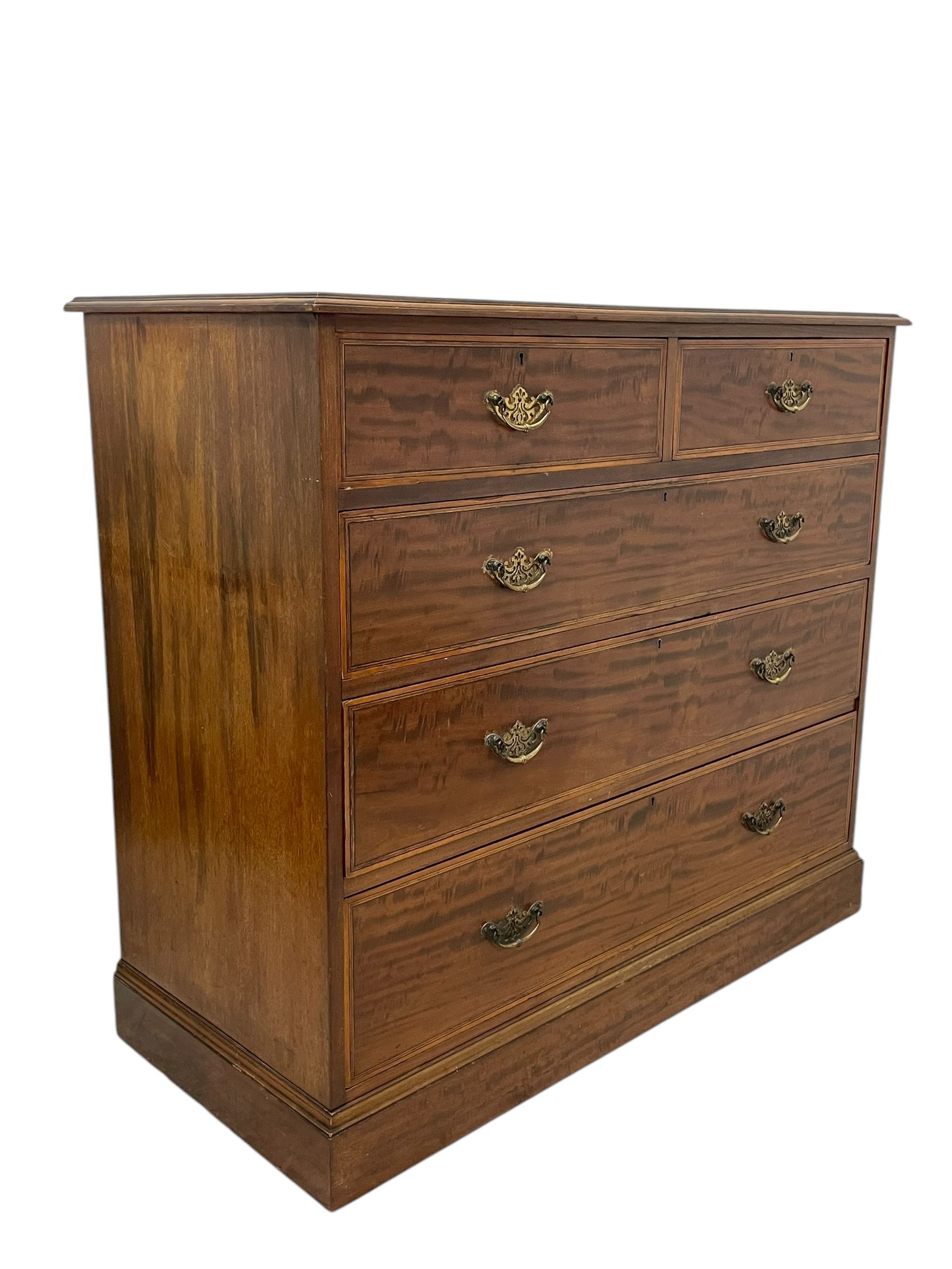 Late Victorian mahogany chest, moulded rectangular top over two short and three long graduating drawers, the drawer fronts inlaid with satinwood bands, boxwood and ebony stringing, on moulded plinth base 