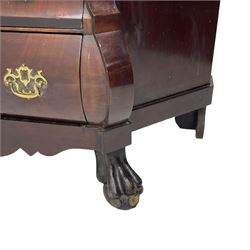 19th century Dutch mahogany vitrine on chest, shaped moulded pediment with central C-scroll and flowerhead carved mount, enclosed by two astragal glazed doors, the interior fitted with fabric lined shelves, four graduating long drawers below, on ball and claw carved feet 