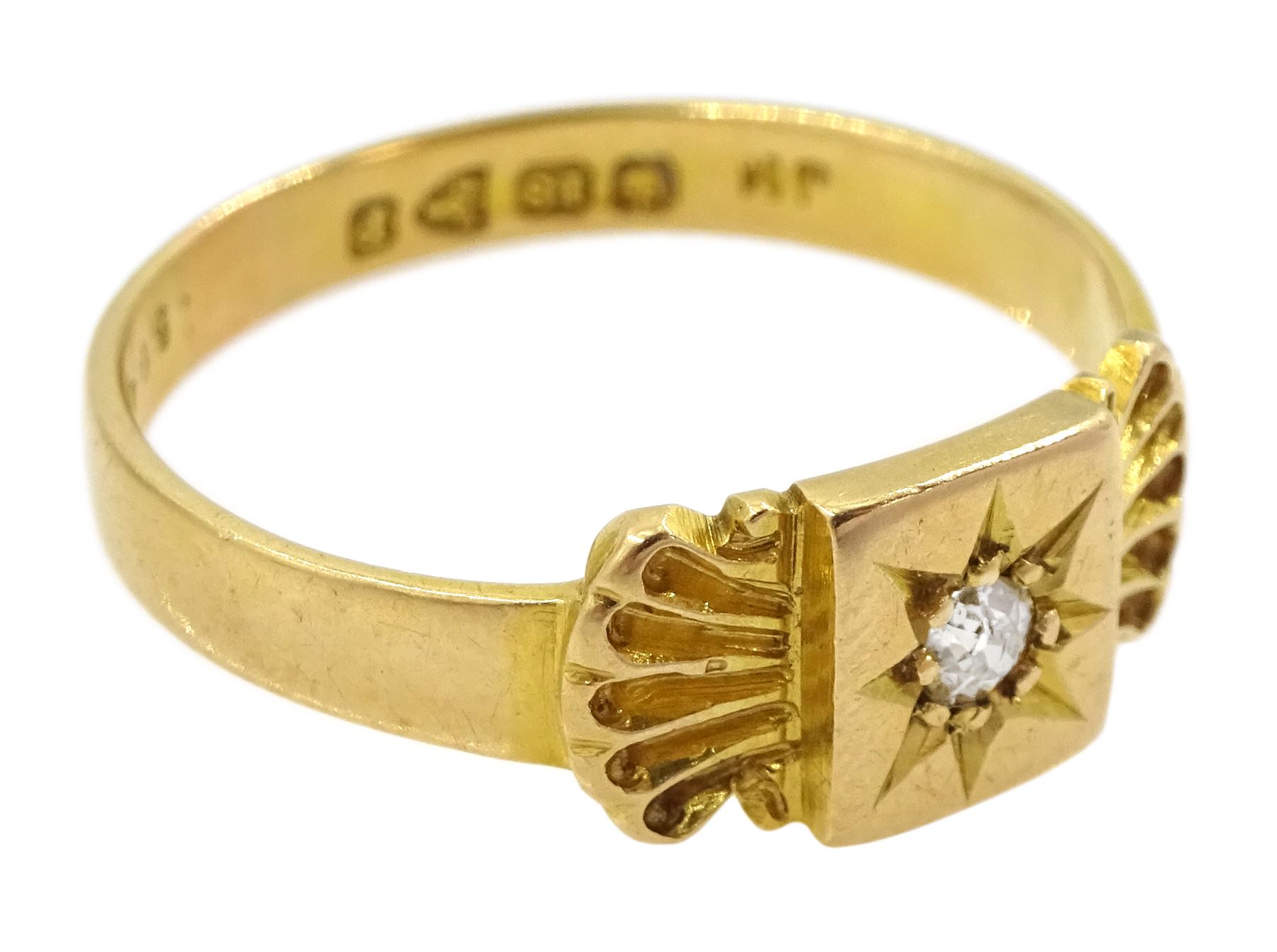 Victorian 18ct gold single stone diamond ring, the central star set old cut diamond with a scallop shell detail either side, Chester 1898