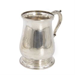 Early 20th century silver tankard, of bellied from with engraved monogram to body and acan...