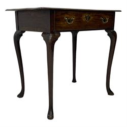 George III oak low-boy, moulded rectangular top with shaped corners, fitted with single drawer, shaped brass handle plates and escutcheon, on cabriole supports 