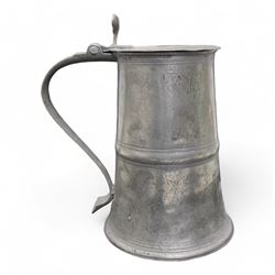 Large 18th century Scottish pewter lidded tankard, the flat cover engraved 'W. Kilbrid', with bifurcated thumbpiece over a tapering cylindrical body, H25cm 