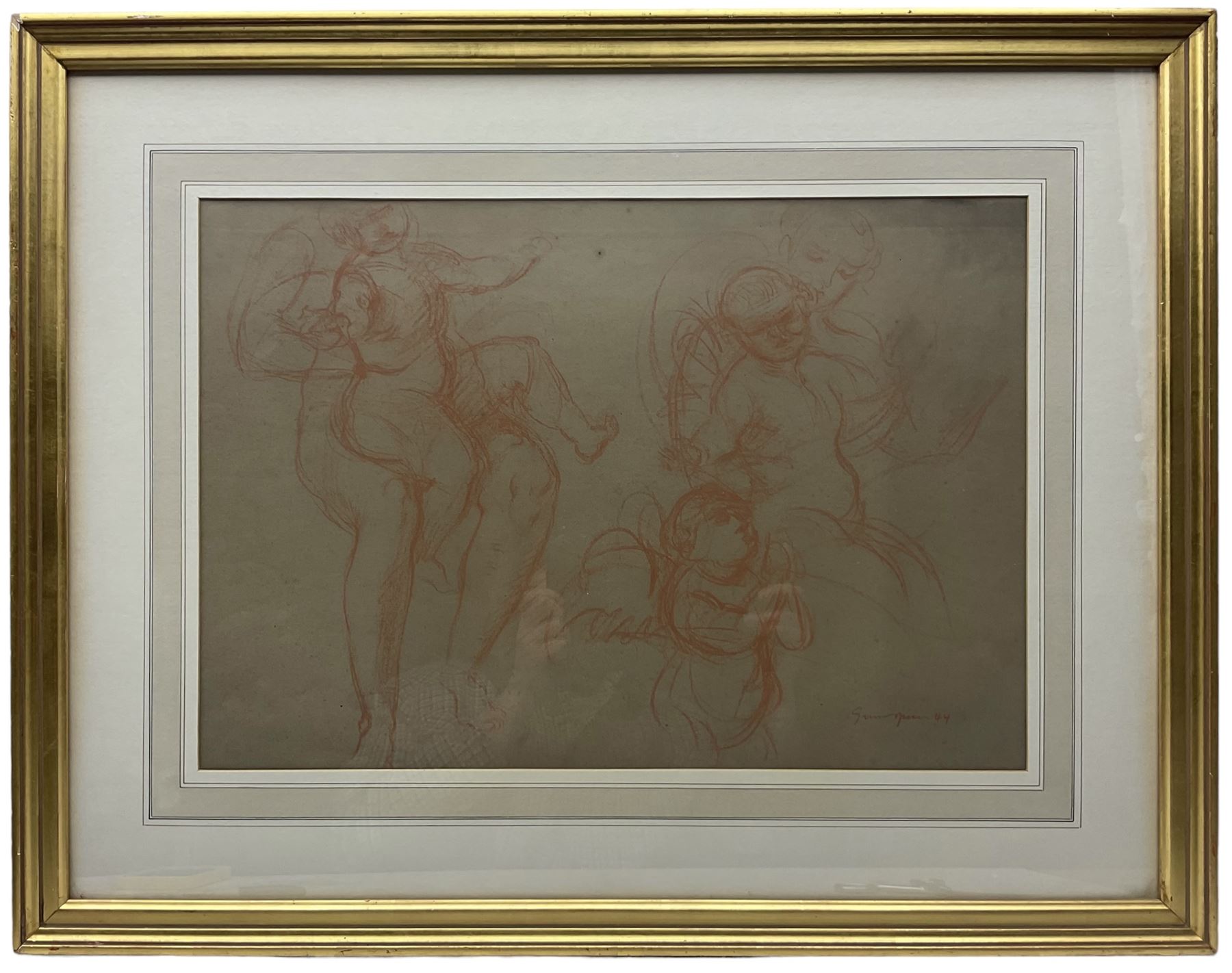 Neoclassical School (Mid-20th century): Putti and Figures, sanguine chalk on paper indistinctly signed and dated '44, 31cm x 45cm