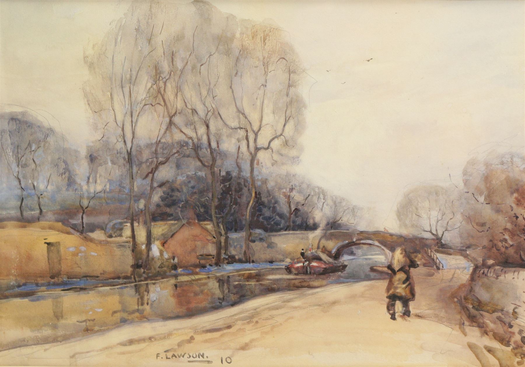 Frederick (Fred) Lawson (British 1888-1968): Walking Beside the Canal, watercolour signed and dated '10, 25cm x 37cm 