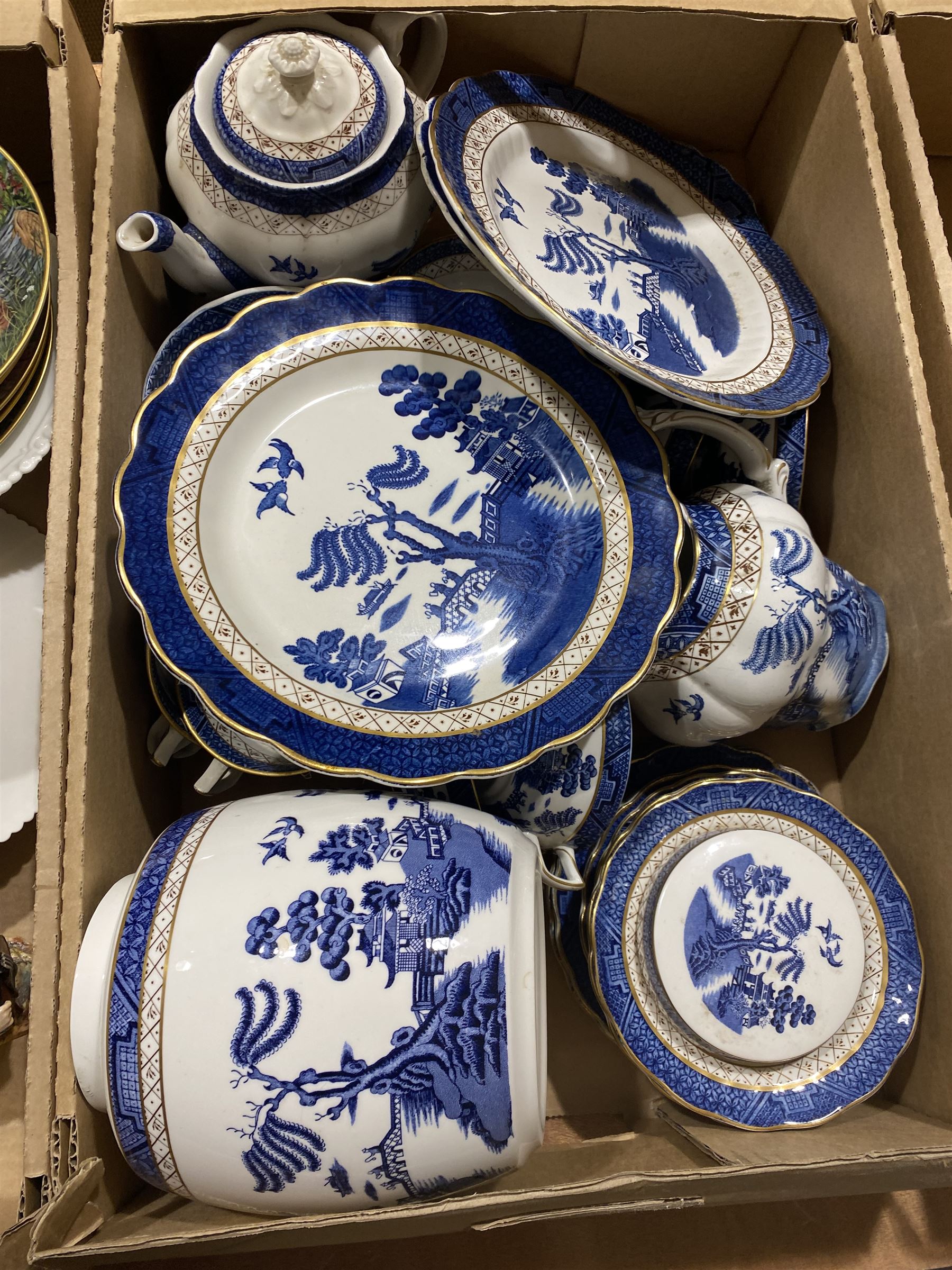 Collection of Booths Real Old Willow pattern, together with other blue and white ceramics etc, in five boxes  