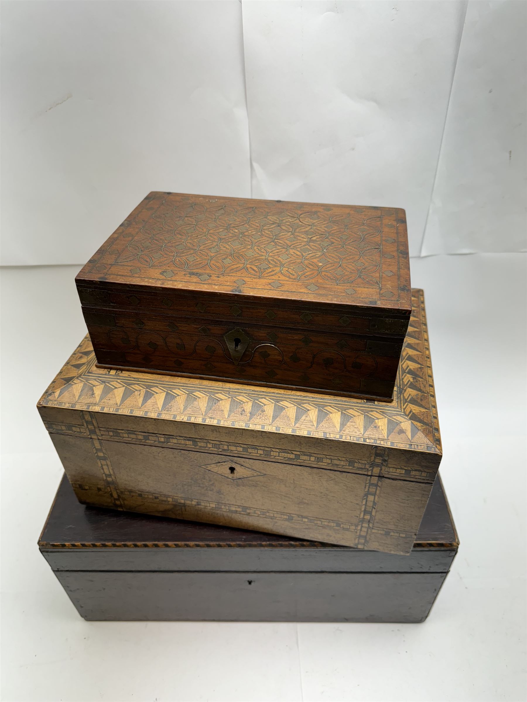 Three inlaid wooden boxes, together with an oak table top cabinet, tallest H42cm