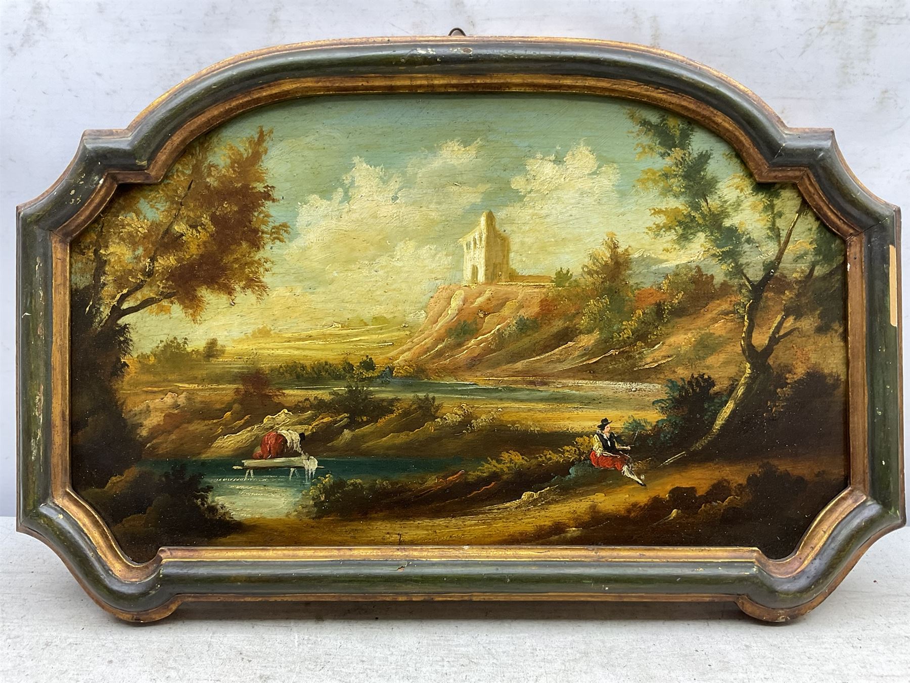 Continental School (19th century): Washerwomen in Capriccio Landscapes, pair oils on shaped panels unsigned 27cm x 46cm (2)