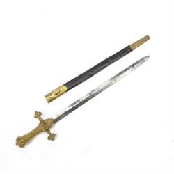 Victorian Bandsman's short sword, with 52cm double edge blade, the brass handle with VR Cy...