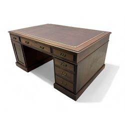 Late 19th century mahogany twin pedestal partner's desk, moulded rectangular top with burg...