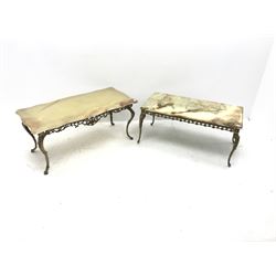 Two vintage onyx coffee tables on ornate gilt metal bases, shaped top table - 111cm x 52cm, H50cm, rectangular top table - 101cm x 50cm, H45cm