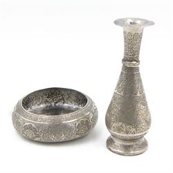 TEST Early 20th century Persian silver bud vase and bowl, bowl profusely chased with flora...