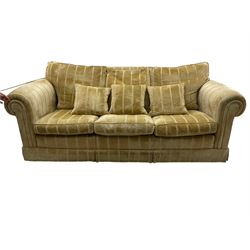 Duresta England - three-seat sofa, upholstered in pale gold fabric, traditional shape with rolled arms