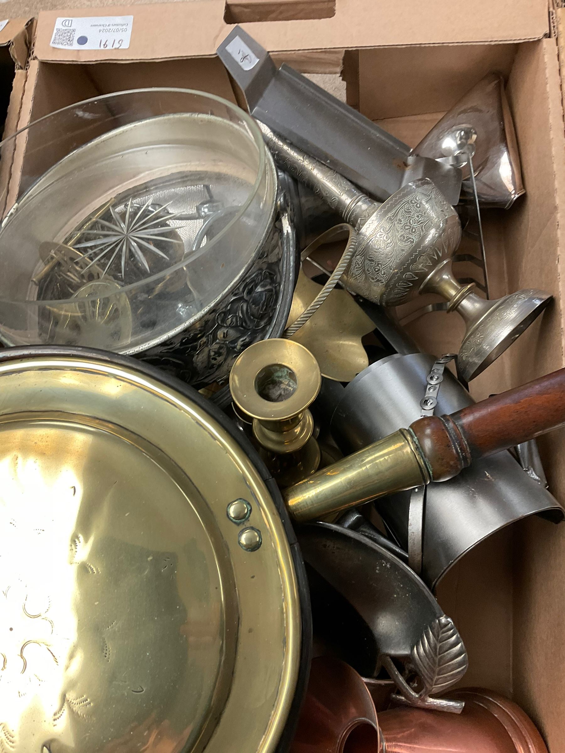 Collection of metalware including trays, copper jugs, candlestick etc, in three boxes 