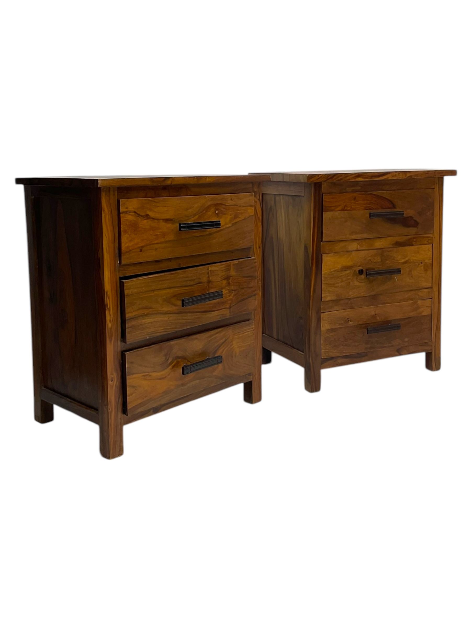 Pair of hardwood three-drawer bedside chests