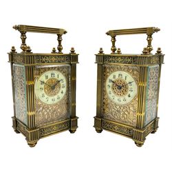 French - Pair of Edwardian 8-day timepiece carriage clocks with bevelled rectangular glass...