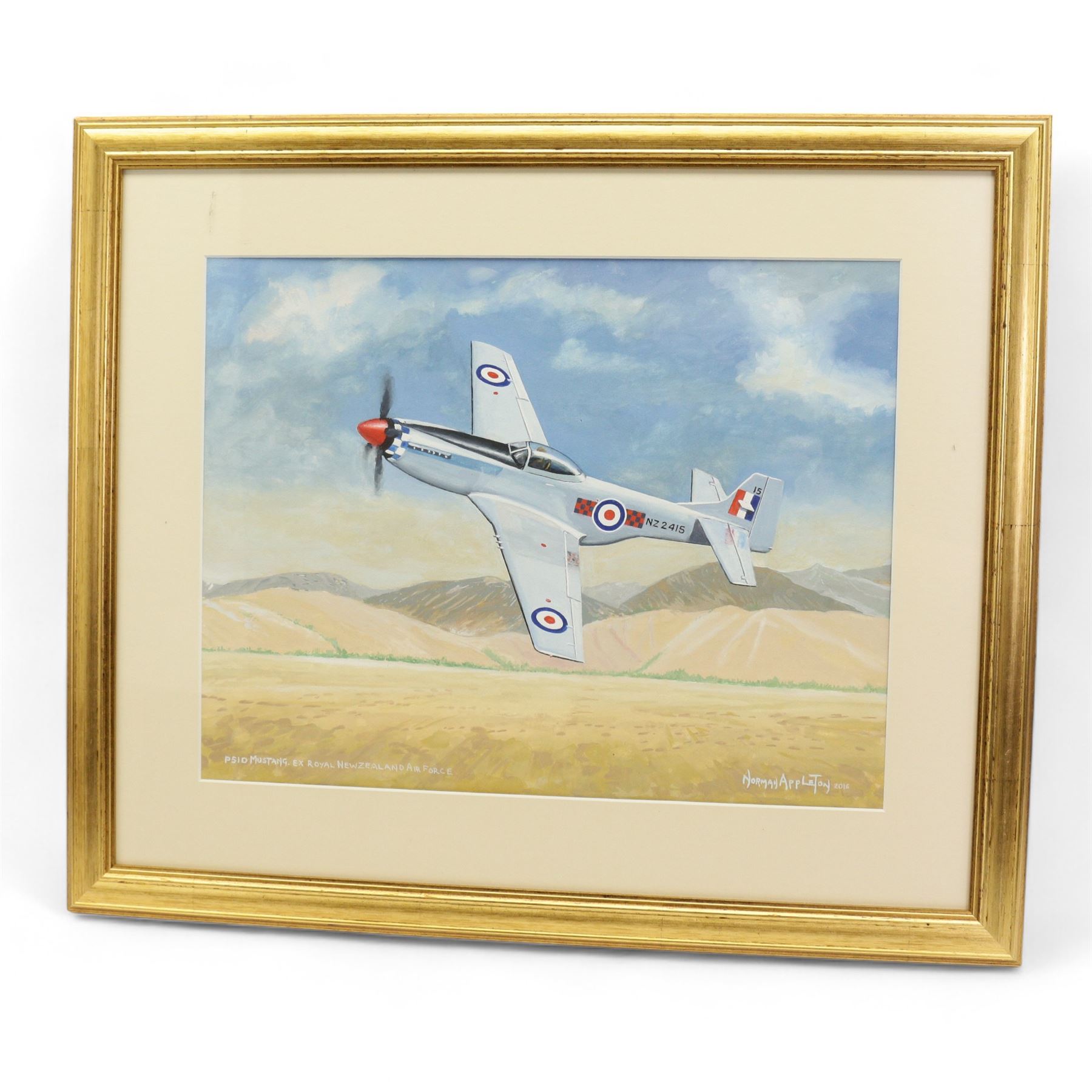 Norman Appleton (British 1926-): 'P-15D Mustang - Ex Royal New Zealand Air Force', gouache signed titled and dated 2016, 34cm x 44cm; with various signed aeronautic pictures (3)