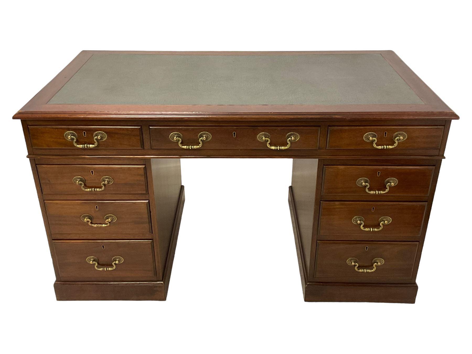 Late 19th century mahogany twin pedestal desk, moulded rectangular top with inset leather, fitted with nine drawers, on plinth base