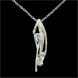 Silver and 14ct gold wire blue topaz and pearl pendant necklace, stamped 925