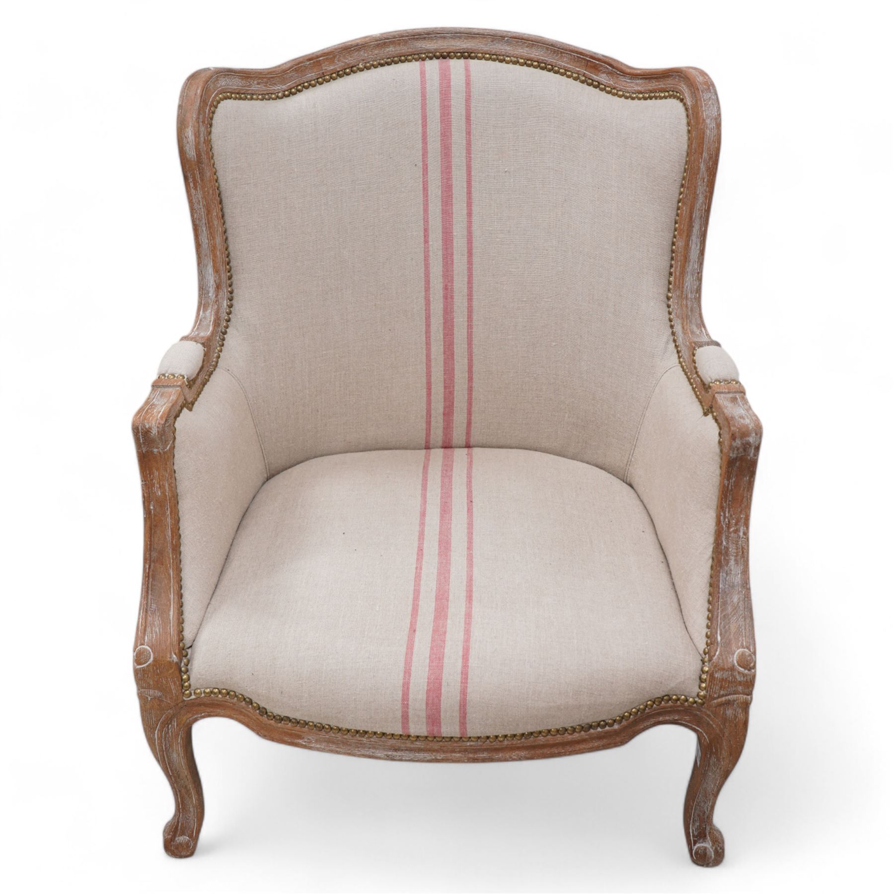 Pair of large hardwood-framed French design armchairs, moulded and shaped frames terminating to cabriole feet, upholstered in pale fabric with pink stripes 