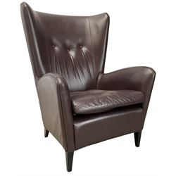 Wing back armchair upholstered in cocoa brown leather