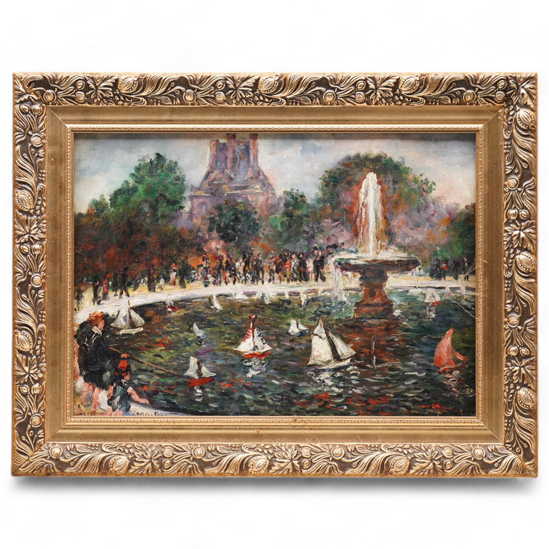 Antoine Ferracci (French 1890-1984): The Tuileries Garden with Fountain and Pond Boats - Paris, oil on canvas signed 32cm x 45cm