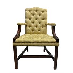 Georgian design mahogany framed Gainsborough open armchair, upholstered in pale gold buttoned fabric with floral pattern, on square moulded supports united by plain stretchers 