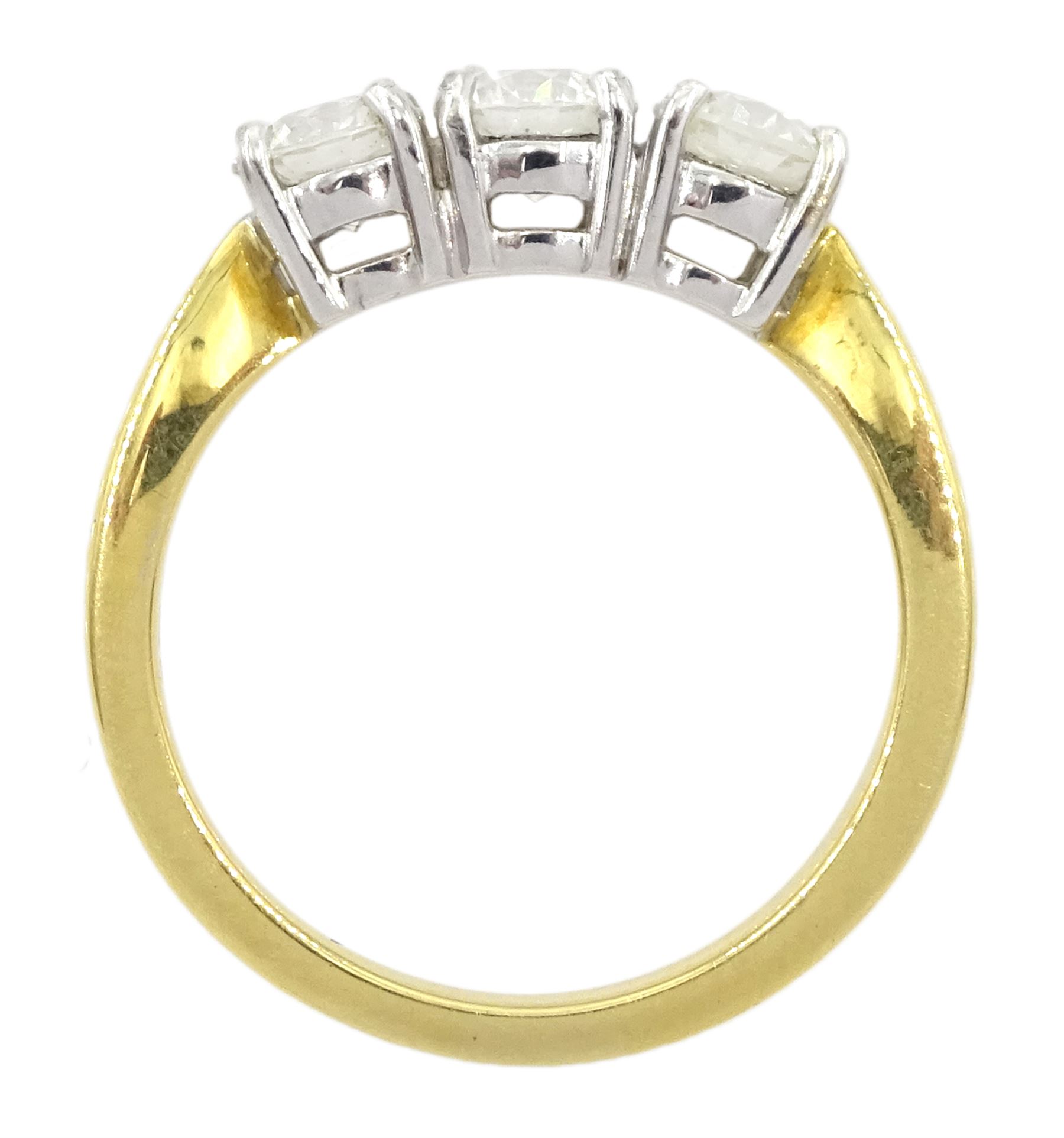 18ct gold three stone round brilliant cut diamond ring, hallmarked, total diamond weight approx 1.25 carat