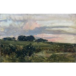 James Lawton Wingate RSA (Scottish 1846-1924): Sunset Over the Hills, oil on board unsigned, inscribed beneath mount verso 17cm x 26cm 