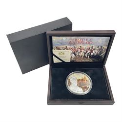 Queen Elizabeth II Bailiwick of Guernsey 2015 'The Battle of Waterloo' silver proof five ounce coin, weighing 155.53 grams 925/1000 silver, cased with certificate