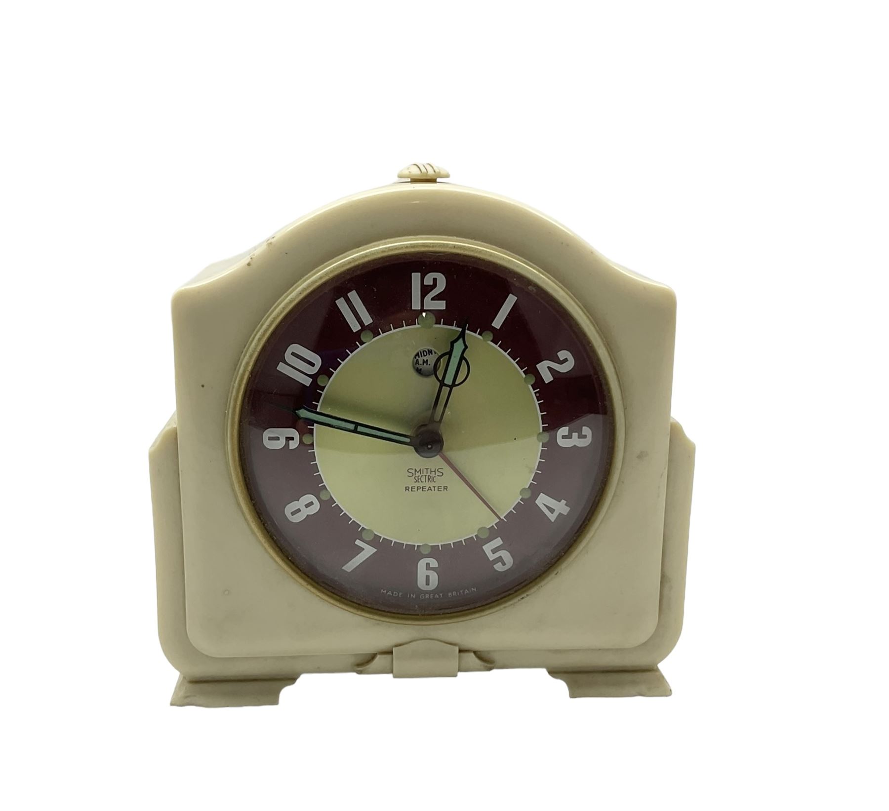 Smiths - Two 1950's Smiths mains operated Sectric clocks in Bakelite cases. Circular office wall clock with Arabic numerals and spade hands inscribed LNER. Ivory Bakelite cased mantle clock with alarm and repeat function.