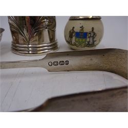 Group of silver, comprising Edwardian christening mug, of slightly tapering form, embossed with floral decoration and engraved initials and date, hallmarked Cooper Brothers & Sons Ltd, Sheffield 1906, a crested ware jar with silver collar, pierced pin dish and a pair of sugar tongs, all hallmarked 