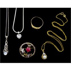  9ct gold cultured pearl and diamond pendant necklace, 9ct gold single stone onyx ring, silver thistle brooch and two silver pendant necklaces