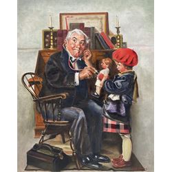 J M Varley (British 20th Century) after Norman Rockwell (American 1894-1978): 'How is she Doctor?', oil on canvas signed, titled and dated 1993 verso 50cm x 39cm 