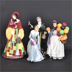 Four Royal Doulton figures, comprising The Parson's Daughter HN564, Dorothy HN3098, Christmas Parcels HN2851 and Biddy Pennyfarthing HN1843