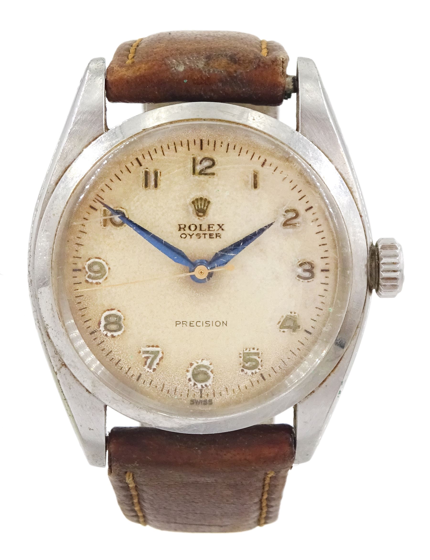 Rolex Oyster Precision stainless steel manual wind wristwatch, circa 1958, Ref. 6422, serial No. 331686, cream dial with Arabic numerals and blue steel hands, with guarantee card dated 17.10.59