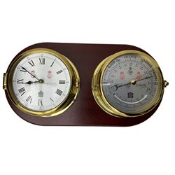 Sewell's - 20th century matching compendium aneroid barometer and quartz clock on a mahogany board,