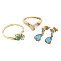 Pair of gold blue topaz pendant stud earrings, gold emerald and cubic zirconia ring, both 9ct and a 14ct rose gold single stone cubic zirconia wishbone ring