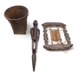 African Colonial carved hardwood staff finial, the male figure in military dress, L66cm, A...