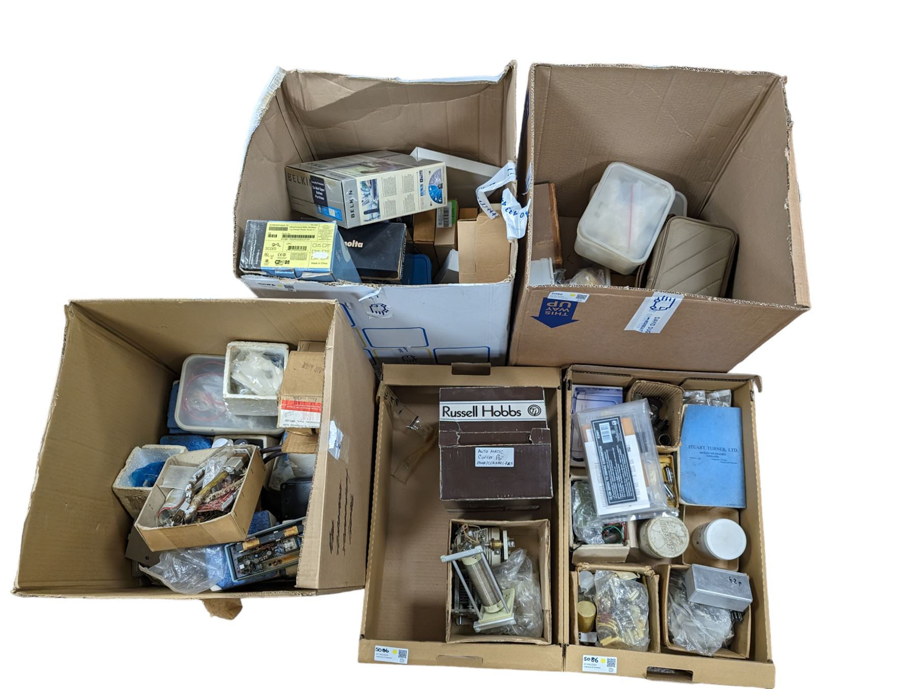 Large collection of radio parts, camera and electrical equipment and similar, together with other electrical parts, etc in five boxes 