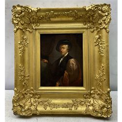 Continental School (19th Century): Portrait of a Gentleman in Blue Velvet Hat, oil on board unsigned 18cm x 15cm 