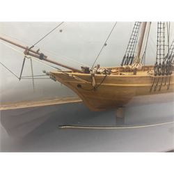 Cased scale built wooden model schooner 