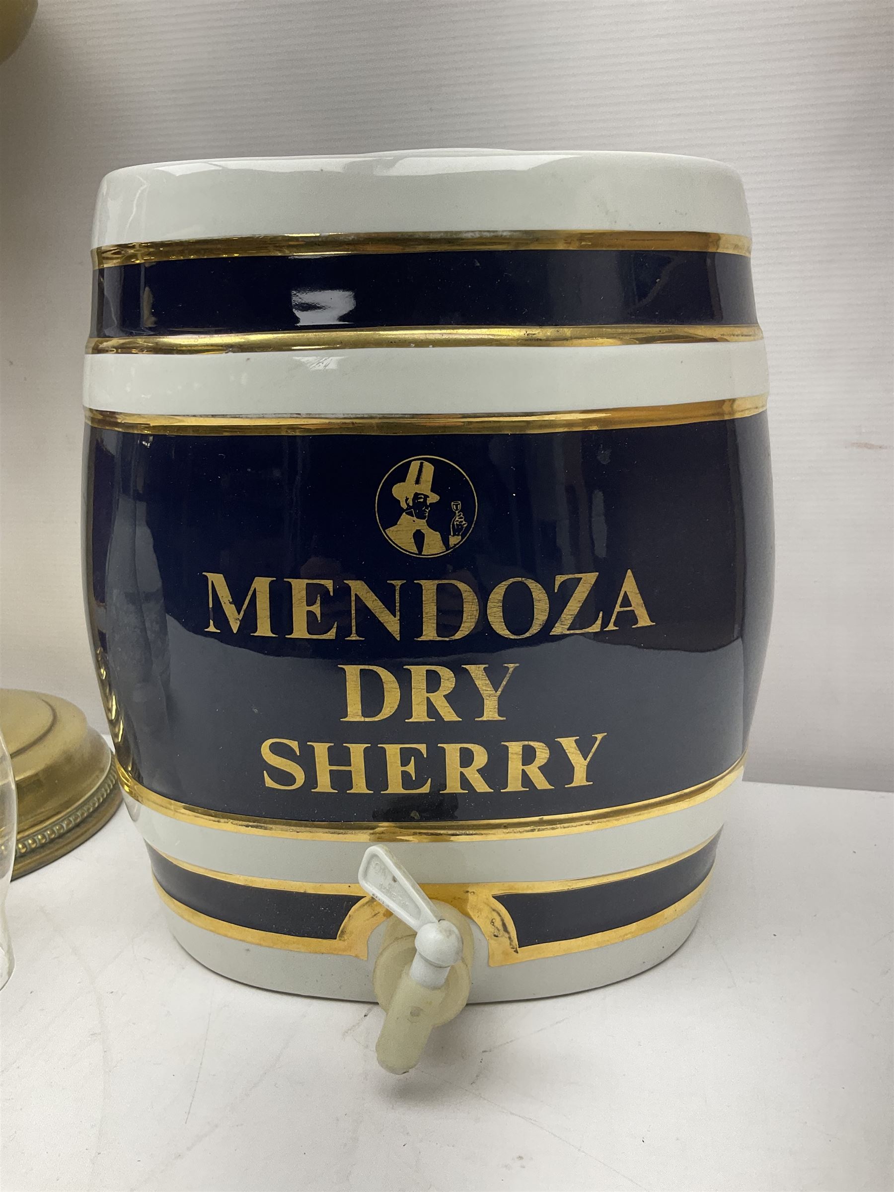 Two Mendoza ceramic barrels, one for whiskey and one for sherry,  together with ao oil lamp, barrel H30cm