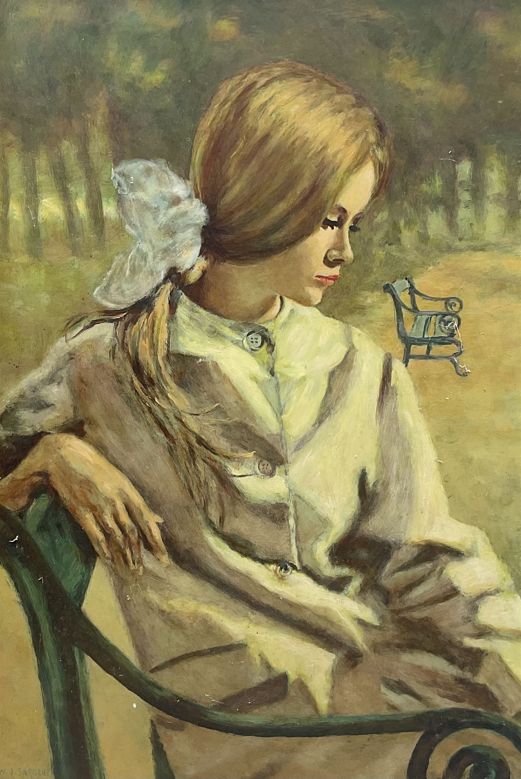 WJ Sargent (20th century): Lady at a Park Bench, oil on board signed 44cm x 30cm