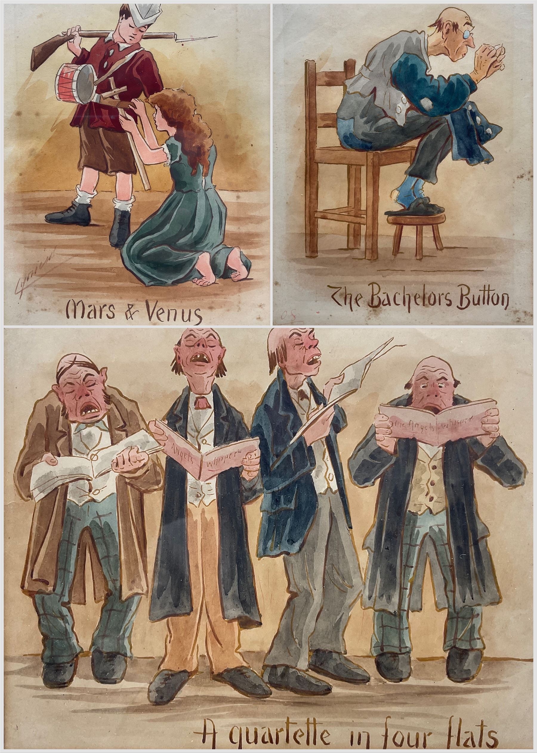 Martin Anderson (Cynicus) (British 1854-1932): 'The Bachelors Button' 'A quartette in four flats' and 'Mars & Venus' Caricatures, set three watercolours one signed max 20cm x 15cm (3)