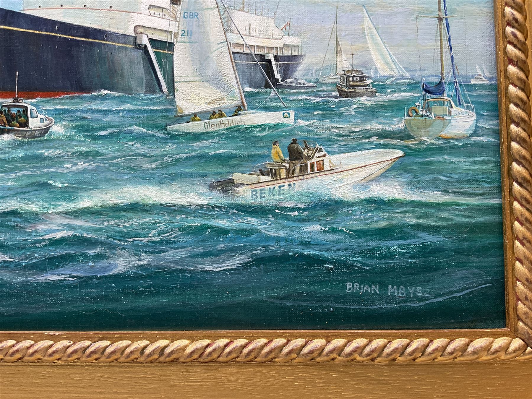 Brian Mays (British 1938-2005): 'Dark Clouds Hanging over the Future of Britannia - Cowes Week 1996', oil on canvas signed, titled verso 29cm x 44cm 
Provenance: direct from the family of the artist.