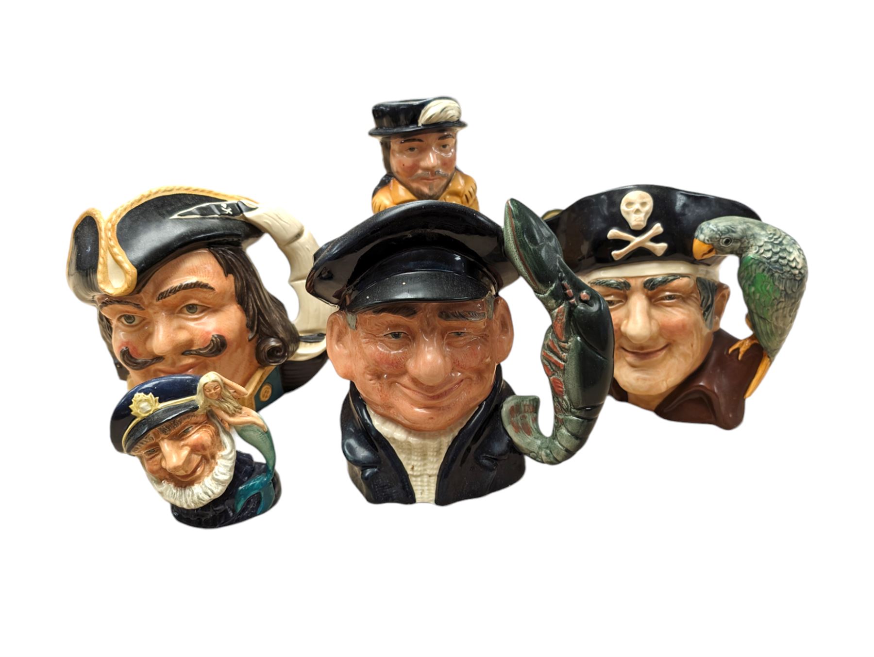 Royal Doulton Sir Francis Drake toby jug and four Royal Doulton maritime themed character jugs, including Lobster Man and Old Salt