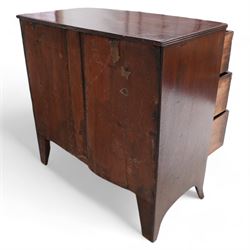 George III mahogany bow-fronted chest, shaped rectangular top with reed edge, fitted with three graduating cock-beaded drawers with brass pull handles, shaped apron over splayed bracket feet