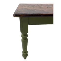 Hardwood dining table, rectangular top on laurel green painted base, fitted with turned supports 