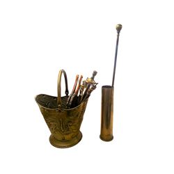 Brass Art Nouveau style coal bucket, brass shell stick stand, brass fire compendium, bello...