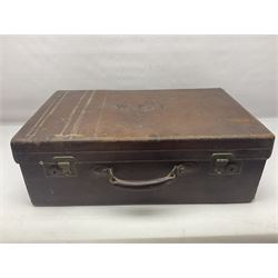 Early 20th century leather bound travelling case, with initials to cover, with fitted interior containing five silver topped glass jars, each engraved with initials, hallmarked The Alexander Clark Manufacturing Co, London 1910 & 1911, case W61cm